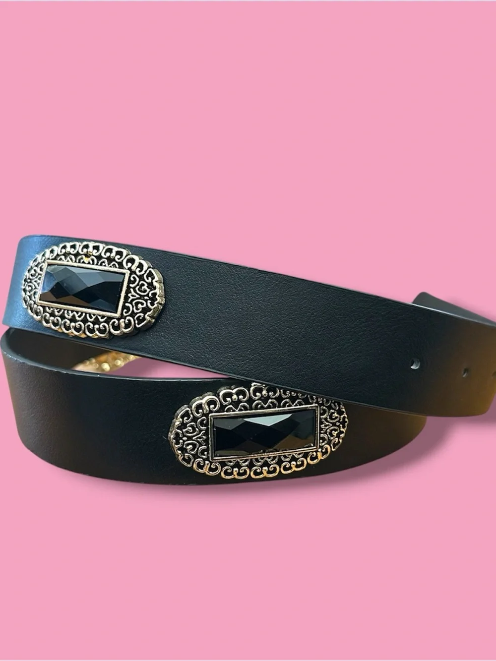 Black Leather Belt with Ornate Gold Buckle 40 inches